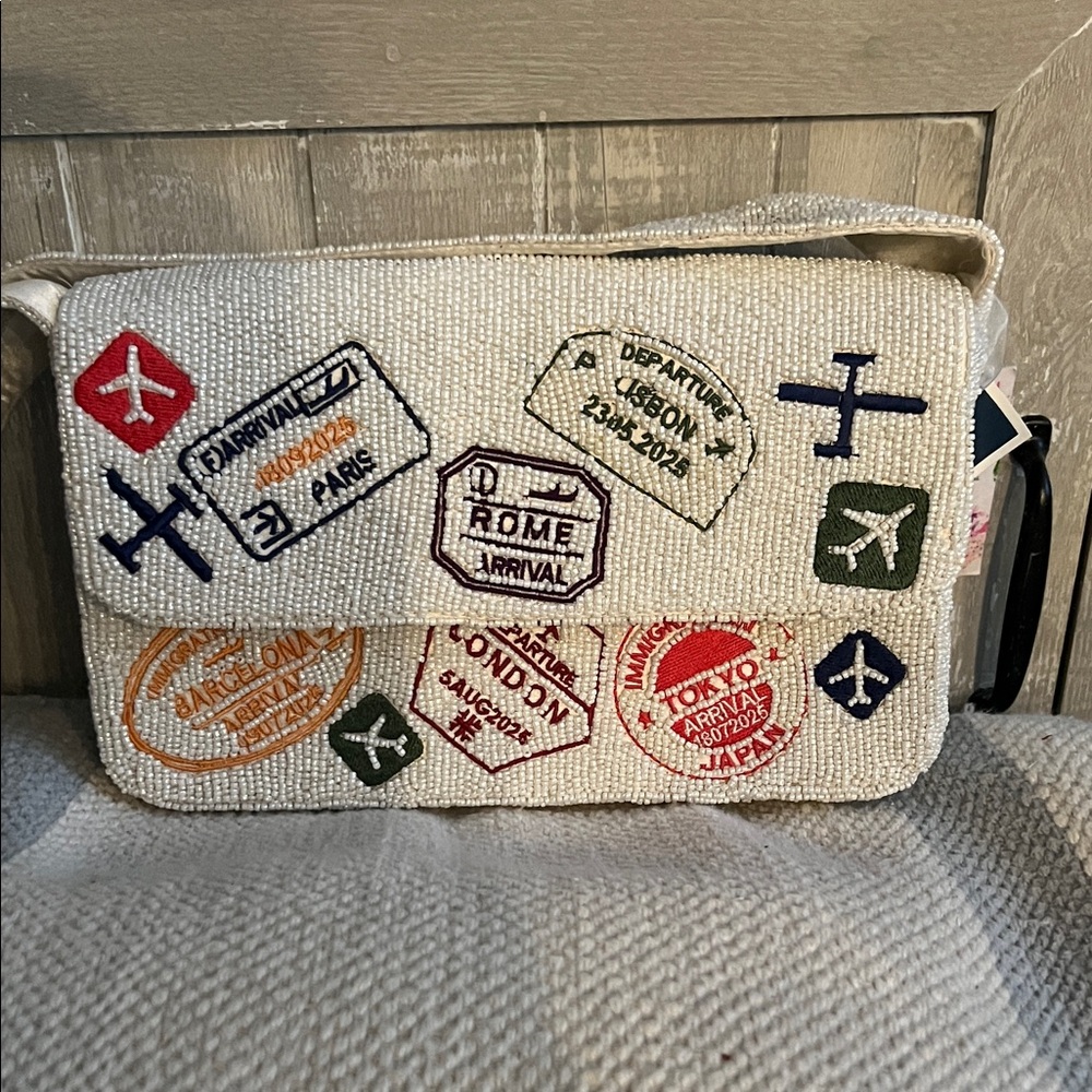 Travel-Themed Cream Beaded Bag